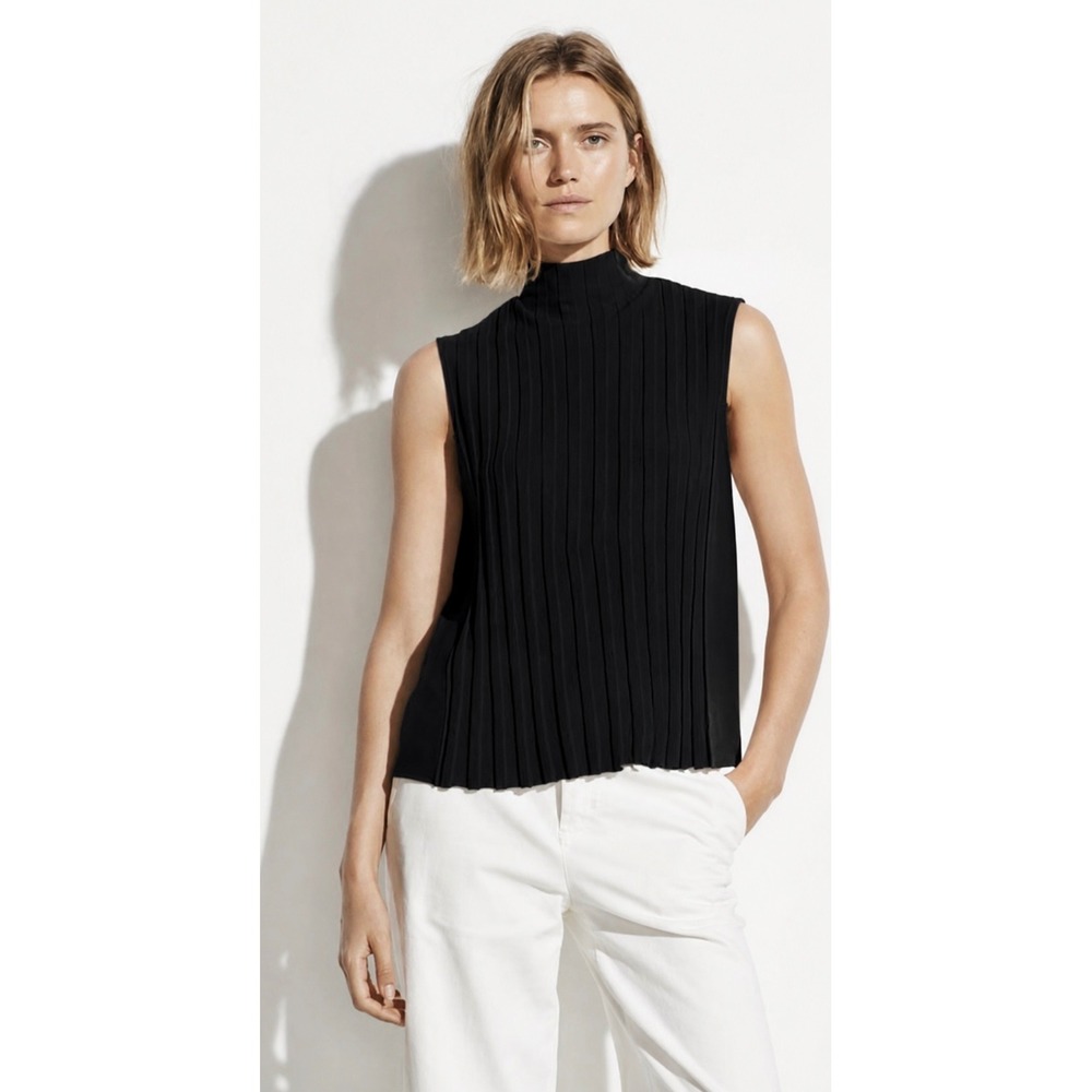 Vince Mixed Rib Sleeveless Turtleneck Top Black Medium Pleated Quiet Luxury